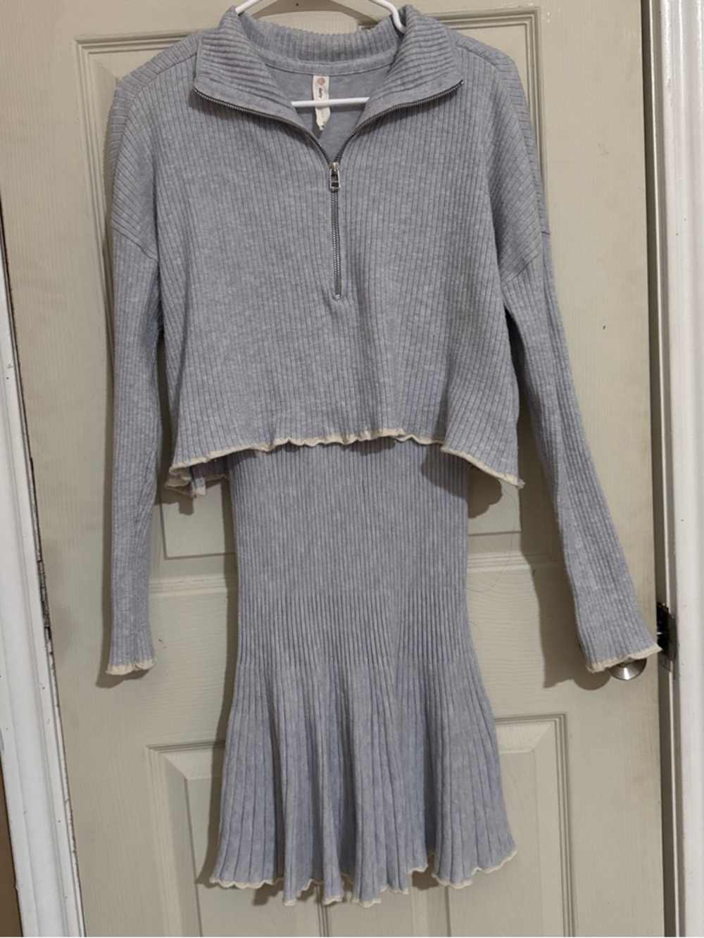 Anthropologie Ribbed Light Gray Knit Skirt & Cropped Zip-Front Top Set